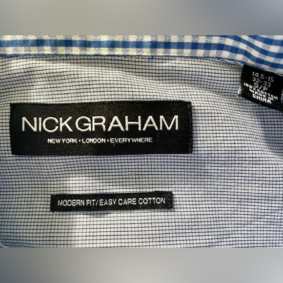 Nick Graham Modern Fit Easy Care Cotton Mini Gingham Checked Collar Button Shirt - Picture 3 of 11